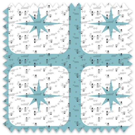 The artwork consists of a repeating pattern featuring four identical square tiles set against a teal background. Each tile is white with rounded corners and showcases a symmetrical, star-shaped design at its center. The star has eight points, with alternating long and short spikes, rendered in a teal color that matches the background. Surrounding the star are intricate black markings and symbols arranged in a structured yet fragmented manner. The design combines geometric precision with scattered abstract elements, creating a visually balanced and rhythmic composition. The overall effect is a harmonious interplay of color, shape, and detail within a modular grid.